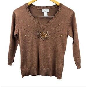 Bonnie and Bill by Holly Sweater Women‎ Small Brown Beaded 3/4 Sleeve V Neck Top